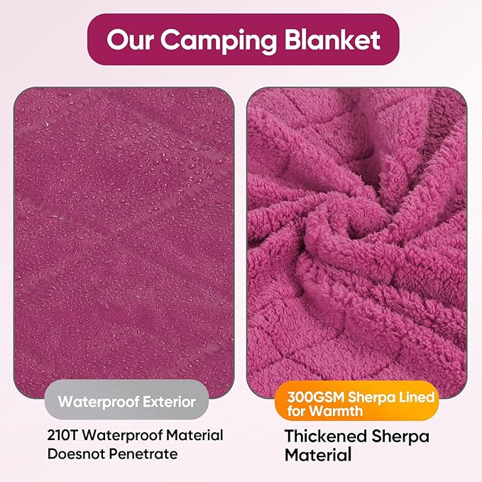 Northroad Waterproof Outdoor Blanket w/Sherpa Lining, Large Windproof Camping Blankets for Cold Weather, Light Weight and Warm for Stadium, Hiking, Dog, Picnic, Washable, 67”X 87” (Purple, 1PCS)