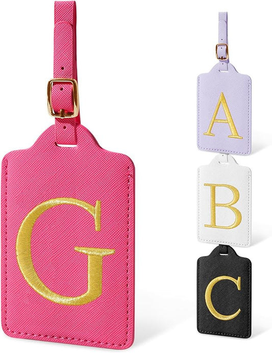 Initial Luggage Tags for Suitcases, Cute Embroidered Letter Luggage Bag Suitcase Identifier Name Baggage Tag, PU Leather Travel Luggage Tags, Bag Tags for Men Women Kids Luggage Handbags(Rosered G)