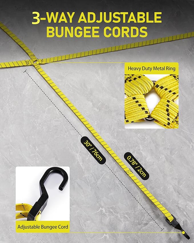 4 Pack 3 Way Flat Adjustable Bungee Cords with Hooks, Easy to Adjust The 3 Sides Length, Lucky Straps 30 Inch Black/Yellow Heavy Duty Tack Strap for Bike, Motorcycle, Roof Rack, Kayak, Cargo, etc