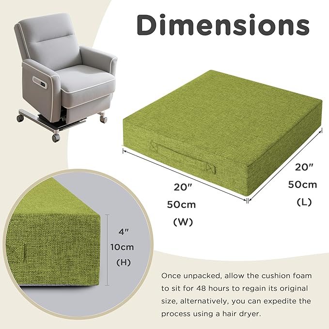AddGrace Recliner Cushions for Elderly Thick Seat Cushion 20"x20"x4" Chair Pads with Non Slip Backing and Washable Cover for Couch Armchair Chairs Green