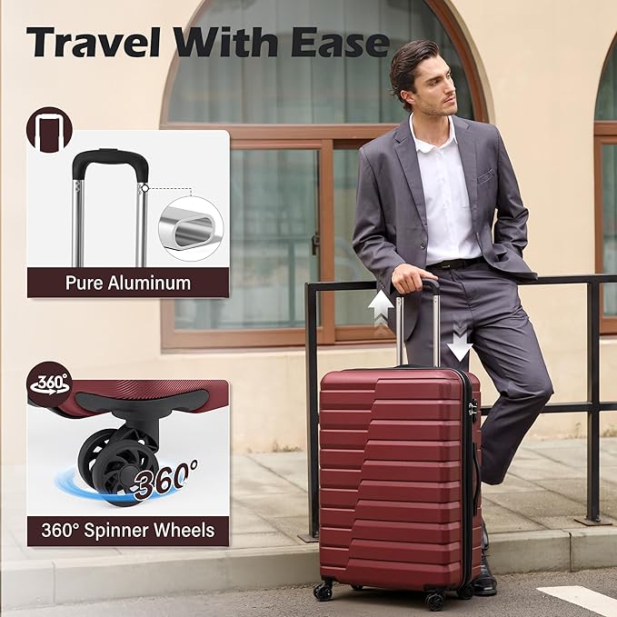 Coolife Expandable Large Checked Luggage with Spinner Wheels, Hard Shell Suitcase TSA Lock Rolling Travel Luggage 28-inch,Wine Red