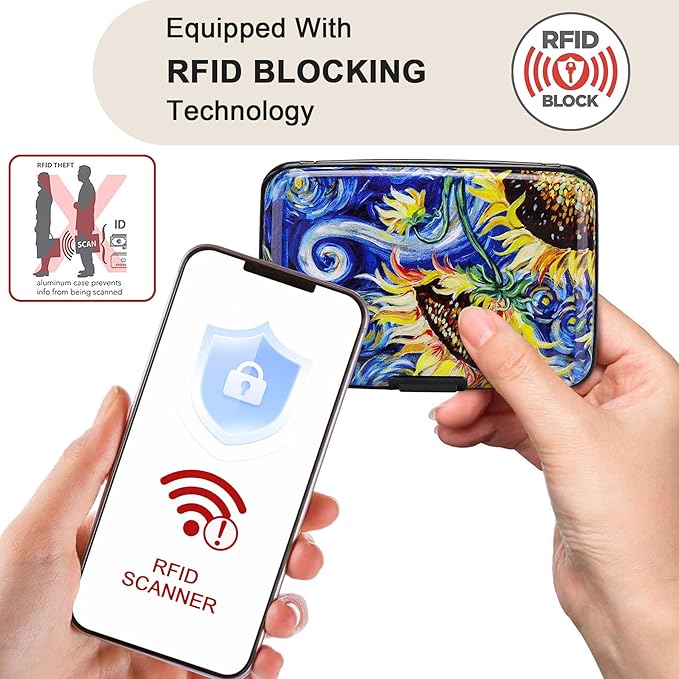 ELFISH Mini RFID Aluminum Wallet Credit Cards Holder Business Card Case Metal ID Case for Men Women (Sun flower)