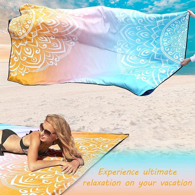 Beach Blanket Sandproof Extra Large Beach Mat Adults Waterproof Quick Drying Sand Free Mat Made by Premium Polyester with 4 Stakes & 4 Corner Pockets for Outdoor Travel Camping Hiking