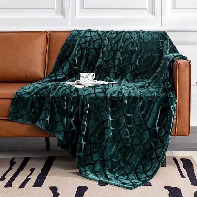 Soft Cozy Fleece Throw Blanket, 50x60 Inches – Lightweight Plush Blanket for Couch, Fuzzy 3D Jacquard Design, for Sofa, Bed & Travel - Forest Green