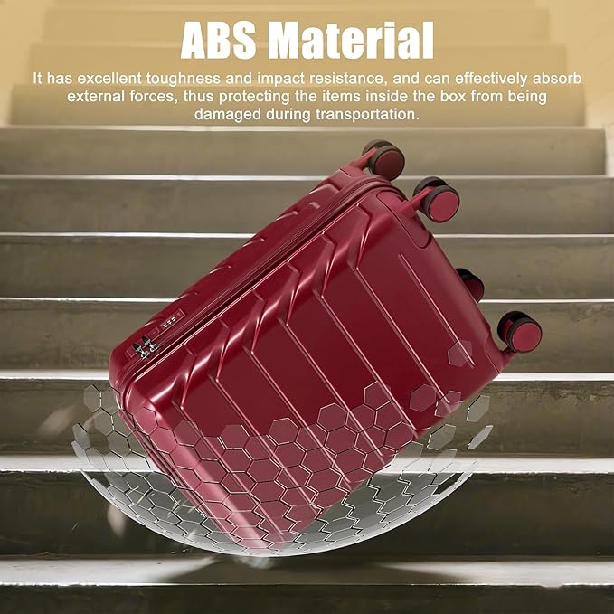 20 Inch Carry On Luggage, Lightweight ABS Hard Shell Suitcase with Spinner Wheels, Durable Travel Luggage with Combination Lock & Side Hooks for Men Women, Red