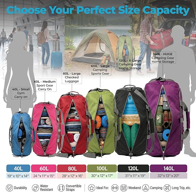 Bago Large Duffle Bag for Travel Women & Men. Durable Lightweight Foldable Travel Duffel Bags For Traveling Women. 100L Duffle Bags for Overnight Bag With Shoe Compartment Collapsible Weekender duffel