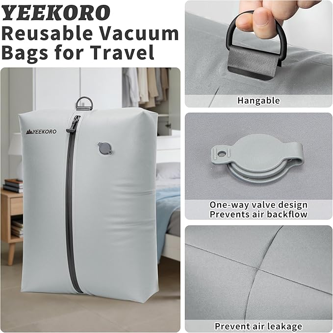 Vacuum Bag for Travel, Professional IPX8 Waterproof Reusable Vacuum Compression Bags for Travel Suitcases, Durable Space Saver Bag(2 PACK,With Pump)