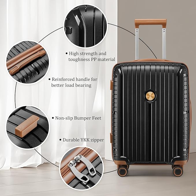 Joyway Luggage Sets 6 Piece PP Hardside Carry on Suitcase with Spinner Wheels and TSA Lock for Travel, Black Brown