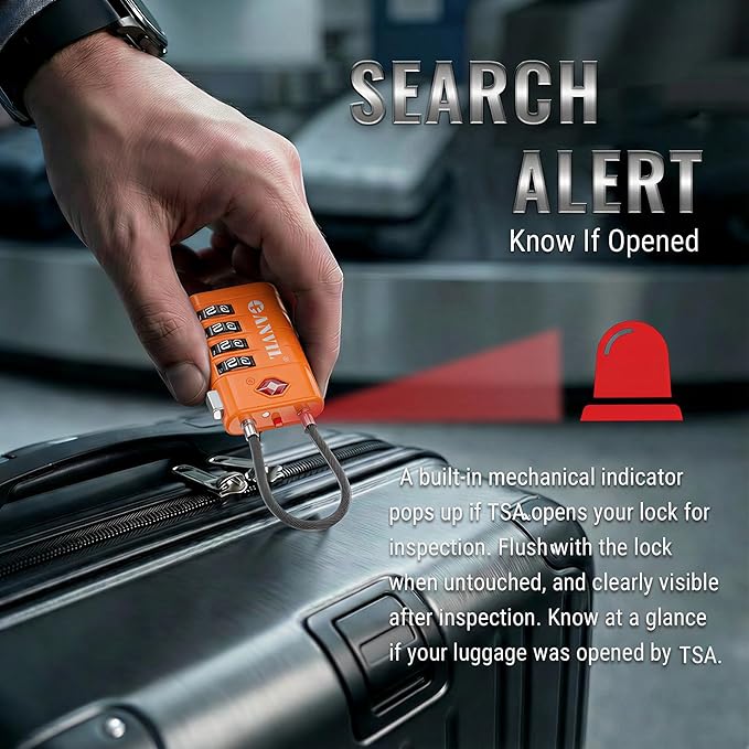 ANVIL TSA Approved Luggage Locks with Search Alert Indicator, 4-Digit Combination Suitcase Lock, Advanced TSA008 Core Heavy Duty Anti-Theft Travel Lock for Double Zippers, Backpacks (3, Orange)