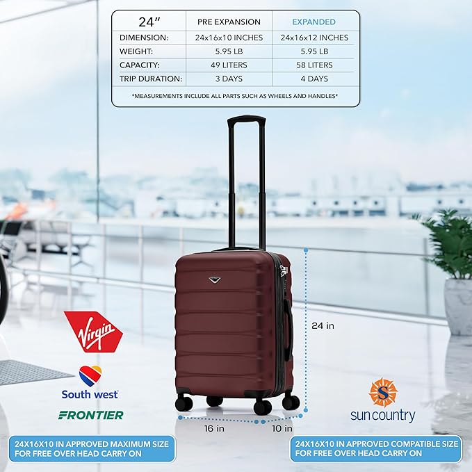 Flight Knight 24x16x10 Expandable Carry On Suitcase Hardside TSA Lock USB C Lightweight Luggage Silent Double Spinner Wheels Maximum Overhead Carry-On Bag For Virgin South West Approved Burgundy