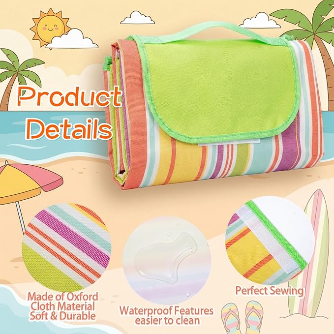 Shellwei 6 Pcs Beach Blankets Waterproof Sandproof Extra Large 80 x 60 Inch Outdoor Picnic Blankets Foldable Portable Beach Mat Tote Travel Supplies for Camping Park Grass(Rainbow Stripes)