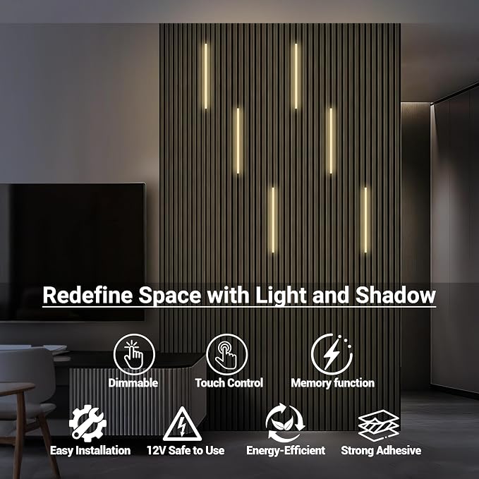 HAMRVL Black Wall Panel Lights, 6PCS 16-Inch 3000K Warm White Slat Wall Lights with Touch Switch, Self-Adhesive Dimmable Wall Slat Lights for Living Rooms, Bedrooms, Kitchen Cabinets, Slat Wall Panels