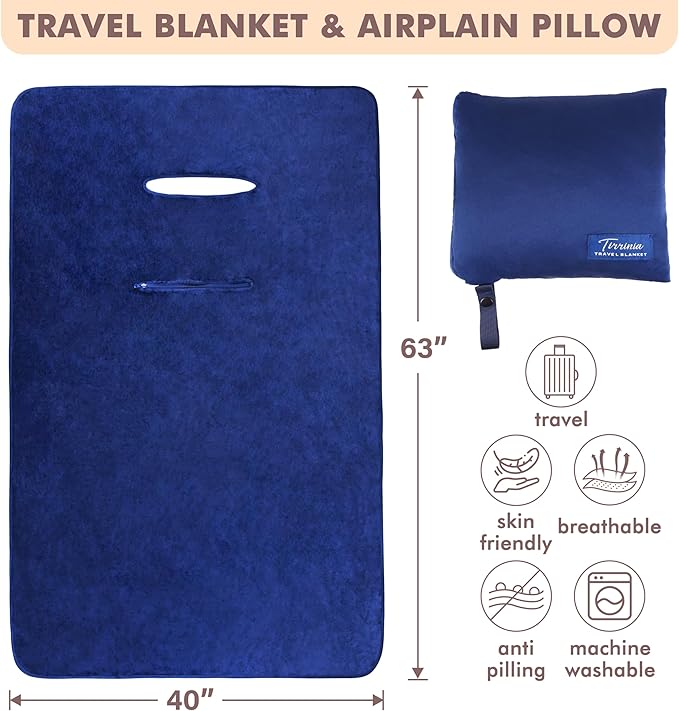 Tirrinia Travel Blanket Airplane Office Poncho 4 in 1 Premium Cozy Fleece Portable Poncho Blankets with Built-in Bag, Pocket