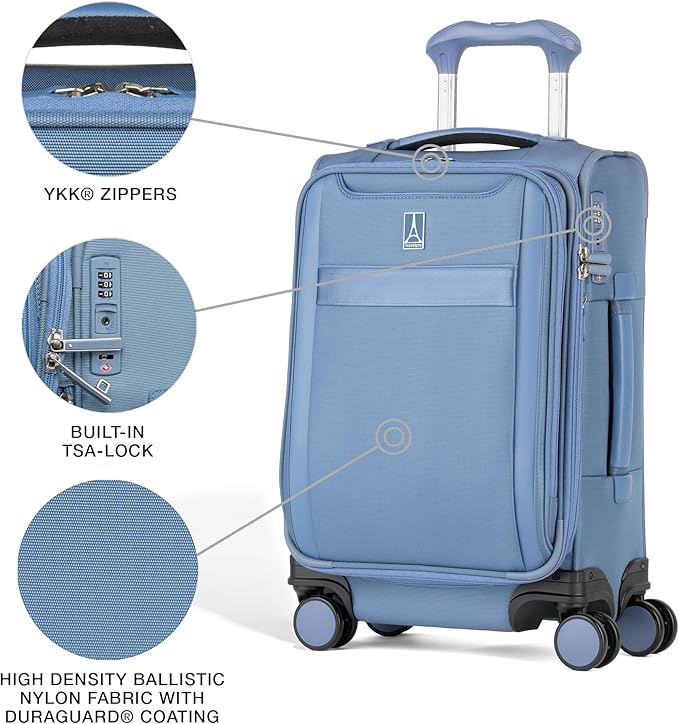 Travelpro VersaPack+ Lightweight Softside Expandable Carry on Luggage, 8 Spinner Suitcase, TSA Lock, Men and Women, Compact Carry On 20-Inch, Elemental Blue