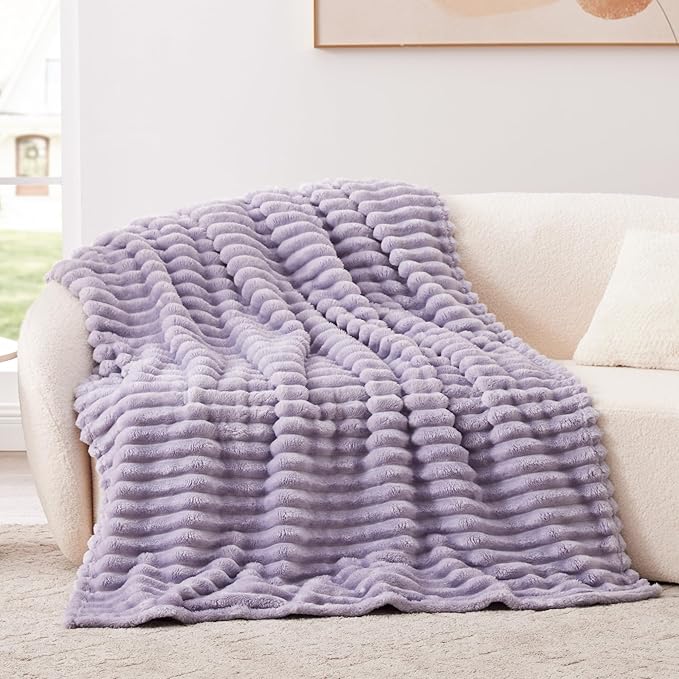 EXQ Home Fleece Blanket Queen Size for Couch or Bed - 3D Stripe Jacquard Decorative Blankets - Cozy Soft Lightweight Fuzzy Flannel Blanket Suitable for All Seasons(90"×90",Light Purple)