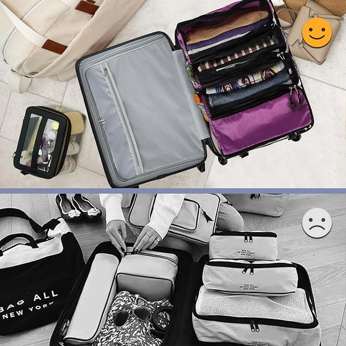 Surblue Travel Hanging Luggage Organizer Portable Suitcase Closet Organizer Multiple Compartments Collapsible Compression Packing Cubes Shelf, Purple, M