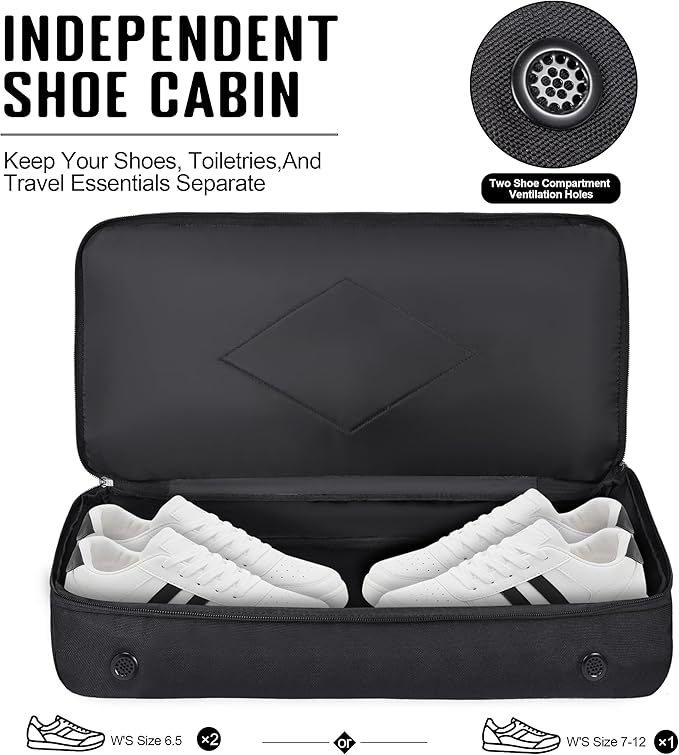 MOZETO Black Duffle Bag for Men, 45L Carry On 22x14x9 Travel Duffle with Shoe Compartment Tactical Inspired Heavy Duty GYM Overnight Bag Wet-Dry Separated Compartment