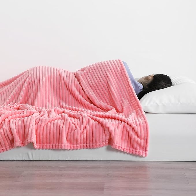 NTBAY Plush Flannel Twin Bed Blanket, 60X80 Inches Soft and Warm Lightweight Blanket with Striped Texture Bed Blanket for Couch Sofa Bed All Seasons, 60"x80", Pink