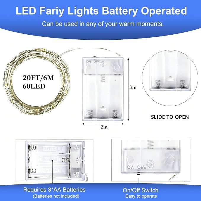 LED Fairy Lights Battery Operated 20FT 60 LEDs Silver Wire String Lights Twinkle Lights Starry Fairy String Lights for Bedroom Christmas Wedding Party Indoor Outdoor Decorations, Multicolor