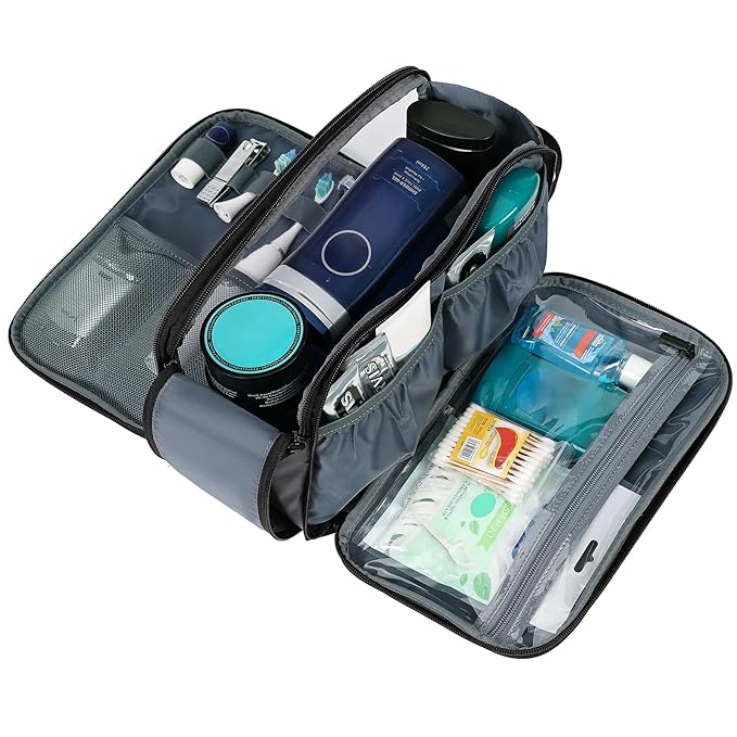 ZEEMO Travel Toiletry Bag for Men, Large Water-Resistant Double-Sided Full-Open Dopp Kit, Versatile Organizer for Shower and Hygiene Accessories, Bathroom Essentials, Cosmetics, Grey
