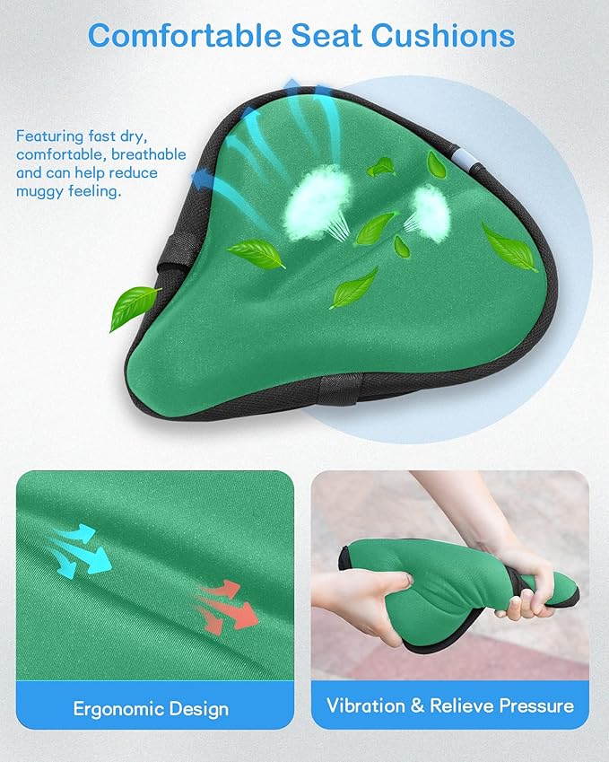 CUNCUI Gel Bike Seat Cover, Bicycle Seat Covers, Adjustable Bike Seats Cushion for Women Men Comfort Compatible, Suitable for Outdoor and Indoor (11x10 inch)-Green