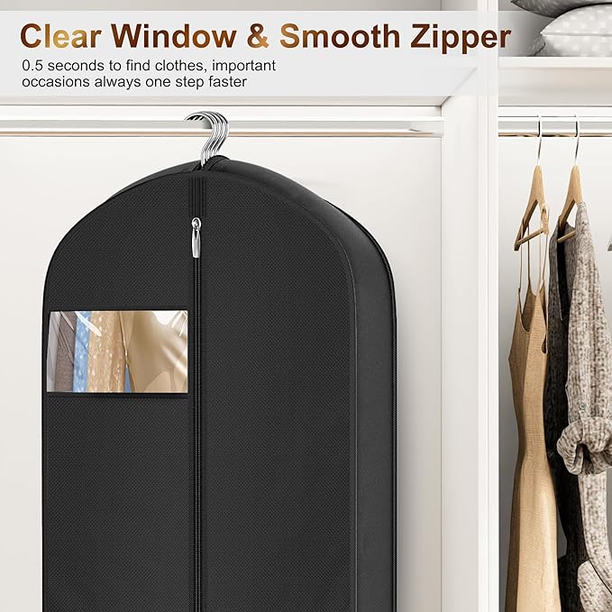 MISSLO 72" Wedding Dress Garment Bag for Travel Waterproof Dress Bags for Gowns Long 4" Gusseted Dresses Protector Bag for Closet Storage Clothing Covers for Hanging Clothes, Black