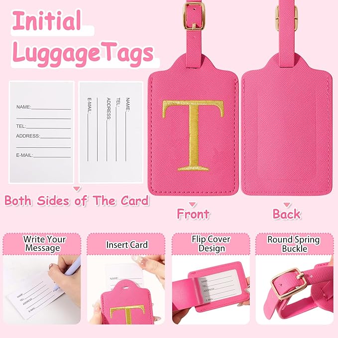 Initial Letter Luggage Tag for Suitcase, Cute Luggage Bag, Waterproof PU Leather Travel Luggage Tag, Suitcase Identifier Name Tag, Monogrammed Suitcases Tags, Bag Tags for Handbags(Rosered T)