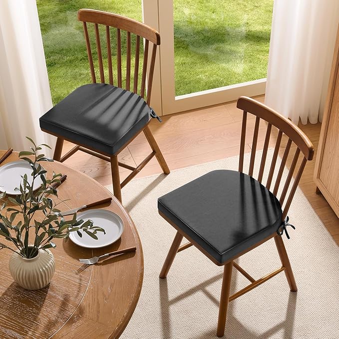 downluxe Chair Cushions for Dining Chairs, Memory Foam Linen Kitchen Chair Pads with Ties, Waterproof, Stain-Resistant and Washable Cover, 17" x 16" x 2.5", Dark Grey, 6 Pack