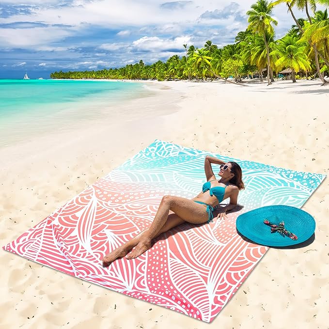 HIHOHO Beach Blanket Waterproof Sandproof Beach Mat for 1-8 Adults Quick Drying Durable Outdoor Picnic Mat for Beach Festival Travel Camping Hiking (Gradiant P&GN-Ripple, 79"×108"(6 Person))
