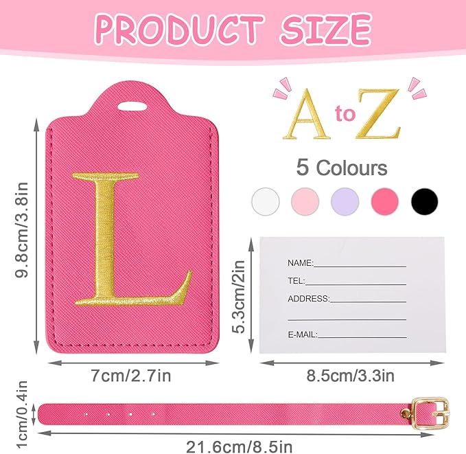 Personalized Initial Luggage Tags for Suitcases, Cute PU Leather Embroidered Letter Travel Luggage Tags, Suitcase Identifier Name Baggage Tag, Bag Tags for Men Women Kids Luggage Handbags(Rosered L)