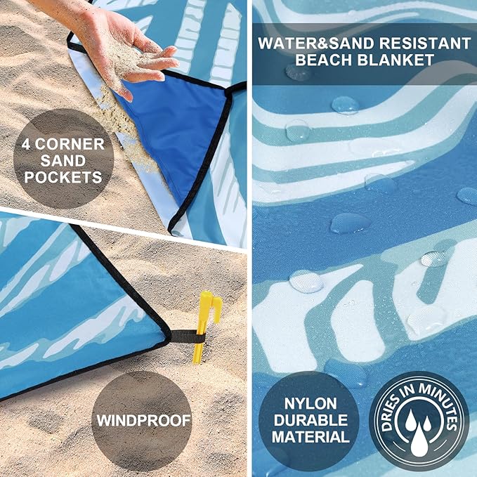 Beach Blanket Sandproof Extra Large Beach Mat Adults Waterproof Quick Drying Sand Free Mat Made by Premium Polyester with 4 Stakes & 4 Corner Pockets for Outdoor Travel Camping Hiking