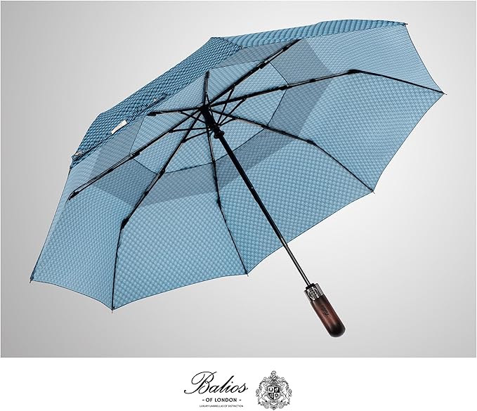 Balios Travel Folding Umbrella with Real Wood Handle Auto Open Close Vented Windproof Canopy - Designed in UK
