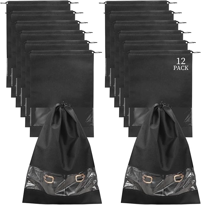 12 Pcs Portable Travel Shoe Bags, 17.3 x 12.6 Inches Waterproof Non-Woven Shoe Organizers Storage Bags, Large Drawstring Shoes Pouch Packing Organizers with Rope for Men, Women, Children (Black)