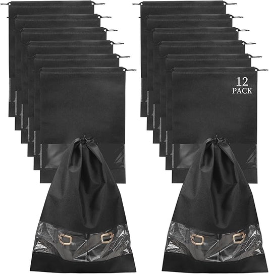 12 Pcs Portable Travel Shoe Bags, 17.3 x 12.6 Inches Waterproof Non-Woven Shoe Organizers Storage Bags, Large Drawstring Shoes Pouch Packing Organizers with Rope for Men, Women, Children (Black)