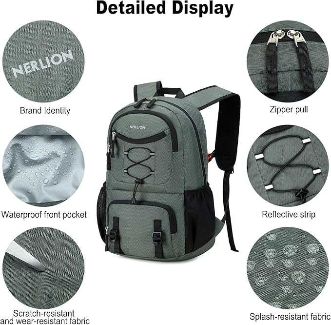 Nerlion Lightweight Foldable 35L Hiking Backpack Travel Backpack for Men Women Camping Waterproof Outdoor Hiking Daypack Backpack Dark Gray