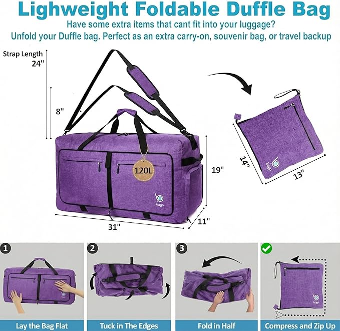 Bago Extra Large Duffle Bag for Travel Women & Men. Durable, Lightweight, Foldable Travel Duffel Bags For Traveling Women. 120L Duffle Bags Use As a Weekender Bag with Shoe Compartment, Checked Duffel