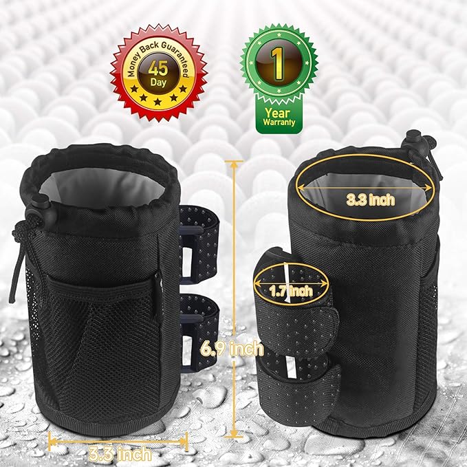GEARV 2Pack Cup Holder for Bike, Scooter and Wheelchair, Water Bottle Holder for UTV/ATV, Walker, Golf Cart and Beach, Universal Drink Holder Accessories with Net Pocket and Cord Lock (Black)