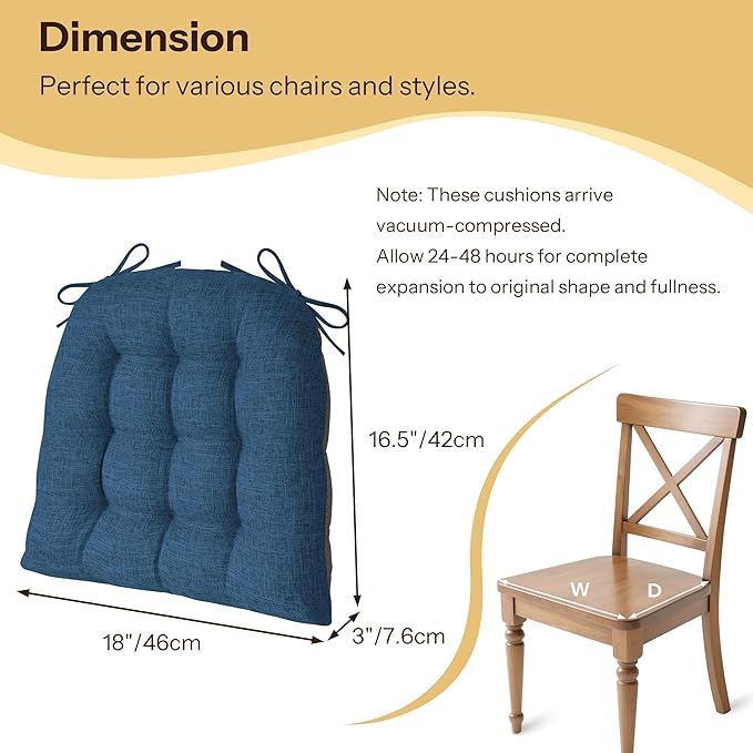 Chair Cushions for Dining Chairs Set of 2 Durable D-Shaped Seat Cushions with Non-Slip Backing Secure Ties Thick Cozy Seat Pad for Kitchen Dining Room Office(18x16.5x3in Navy)