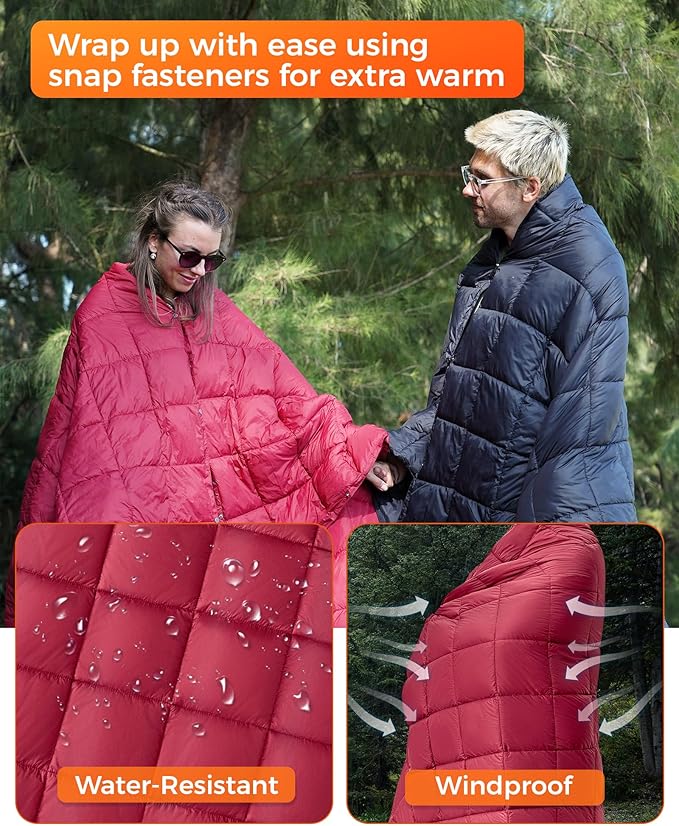 KingCamp Ultralight Camping Blanket, Packable Down Alternative Puffy Wearable Blankets Weatherproof Warm Package Quilt with Snap Buttons for Outdoor Hiking Travel Picnic Stadium (78.7" L x 56.7" W)