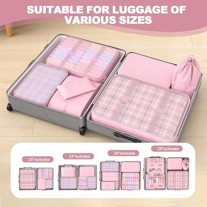 8 Set Packing Cubes for Travel,Suitcase Organizer Bags for Luggage with Shoe & Hanging Toiletry Bag, Vacation Essentials & Accessories for Cruise Ship, Airplane Must-Have,Road Trip & Camp Gifts(Pink)