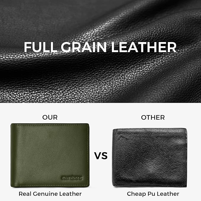 RUNBOX Leather Wallet for Men, Genuine Leather Mens Wallet Bifold Rfid Blocking with 12 Cards and 2 ID Windows, Minimalist Wallet for Men with Gift Box