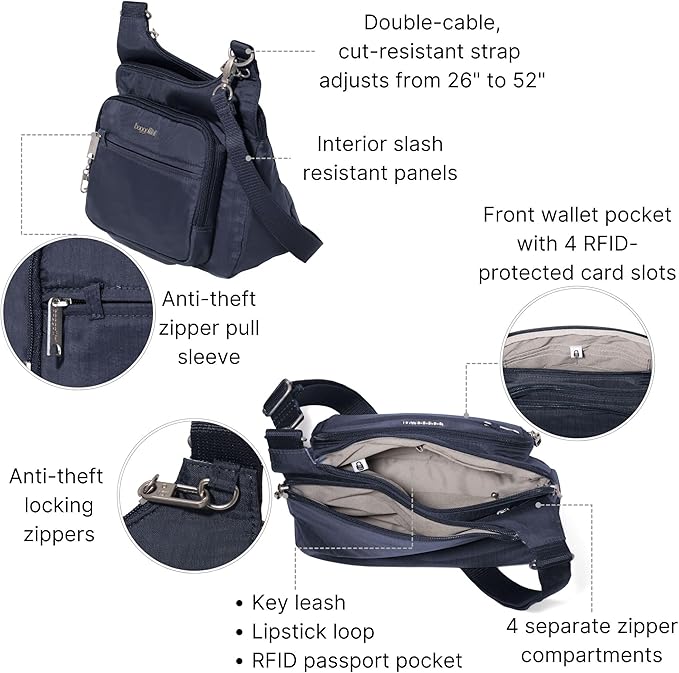 Baggallini Securtex Anti-theft Crossover Crossbody Bag 11”w X 8.5”h, Rfid, Built-in Wallet, Locking Zippers