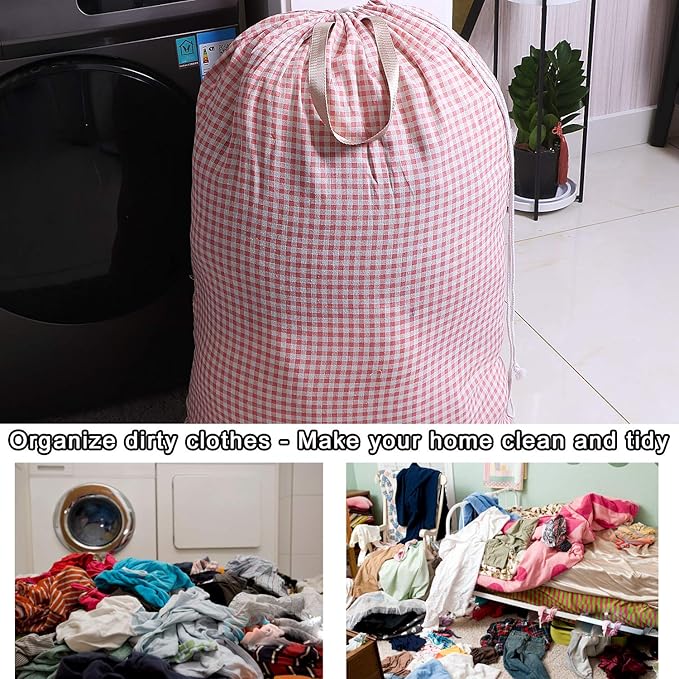 Extra Large Laundry Bag with Drawstring and Handle, Heavy Duty Travel Dirty Clothes Bag for Laundromat and Household, Durable Rip-Stop Laundry Hamper Liner, 28 x 40 Inch, Check Pink
