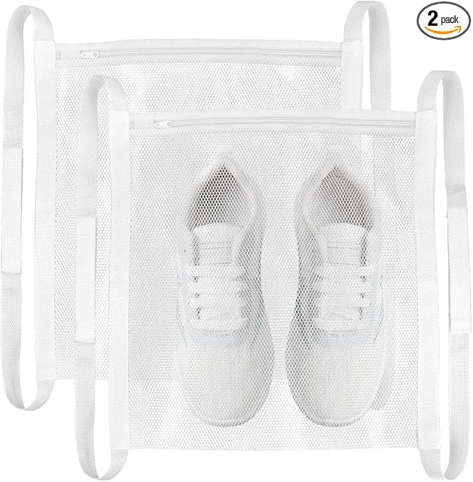 2 Pack Sneaker Dryer Bag 15.7x15.7 Inch Dry Net Bag for Dryer with Zipper and Strap for Shoes, White Large HoneyComber Mesh Bags for Washing Machine