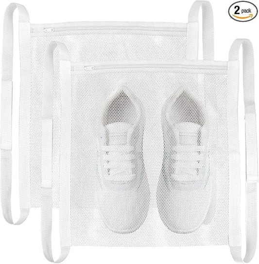 2 Pack Sneaker Dryer Bag 15.7x15.7 Inch Dry Net Bag for Dryer with Zipper and Strap for Shoes, White Large HoneyComber Mesh Bags for Washing Machine