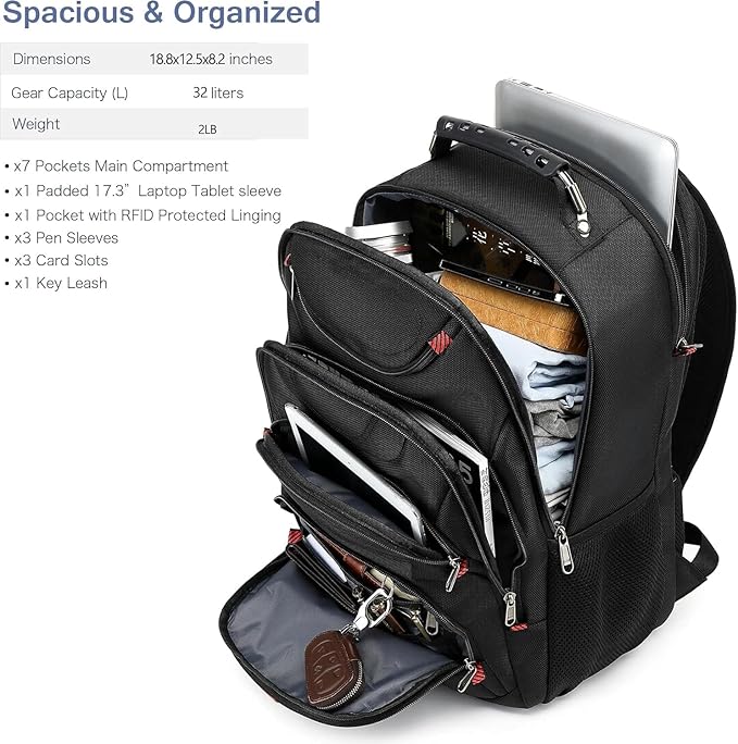 Boavan Laptop Backpack for men, 17.3 inch Laptop Bag with USB Port, Waterproof Travel Work Backpack Purse, Anti-Theft Teacher Nurse Doctor Casual Bookbags Office Business backpack ，Black