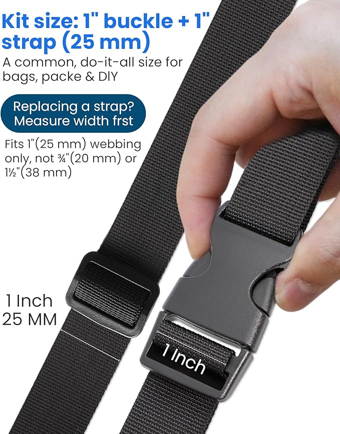 Buckle & Strap Kit - 6 Yards 1 Inch Wide Polyester Webbing Stronger Than Nylon, 6 Plastic Quick Release Buckles & 12 Triglide Clips, Adjustable Extender Straps for Backpack, Dog Collar, Fanny Pack
