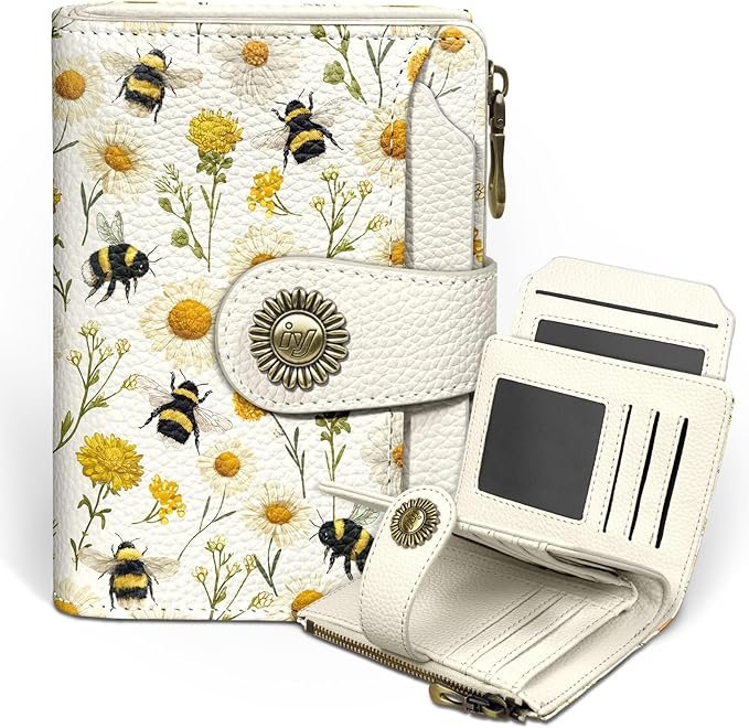 Icycay Floral Bee Small Wallet Women RFID Blocking Bifold, Credit Card Holder, Zipper Coin Pocket, PU Leather, Cute, Compact, Travel, 4 ID Window, 14 Card Slots, Cash Purse, Ladies Woman Female Girls