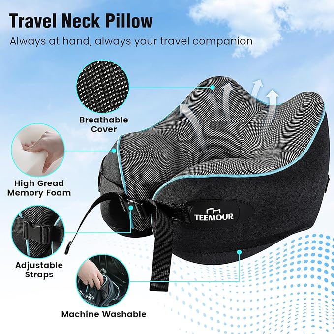 Teemour Neck Pillow for Traveling, Travel Neck Pillow for Airplane Memory Foam Travel Pillow for Flight Headrest Sleep with 360° Support Portable, Travel Essentials Design for Airplane, Car & Office