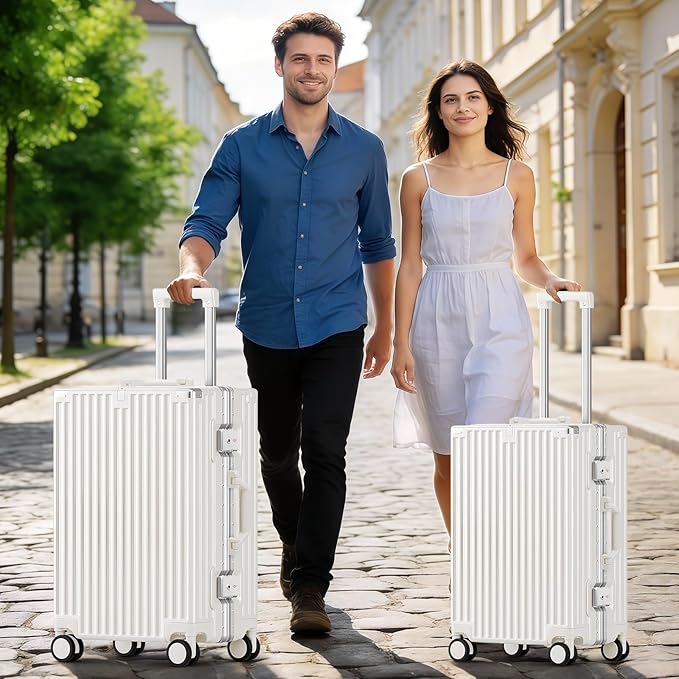 20 Inch Carry On Suitcase, Aluminum Frame Zipperless Hard Shell Luggage with Spinner Wheels, TSA Lock, USB Charging Port, Phone Holder, Cup Holder for Business Travel and Trips, White